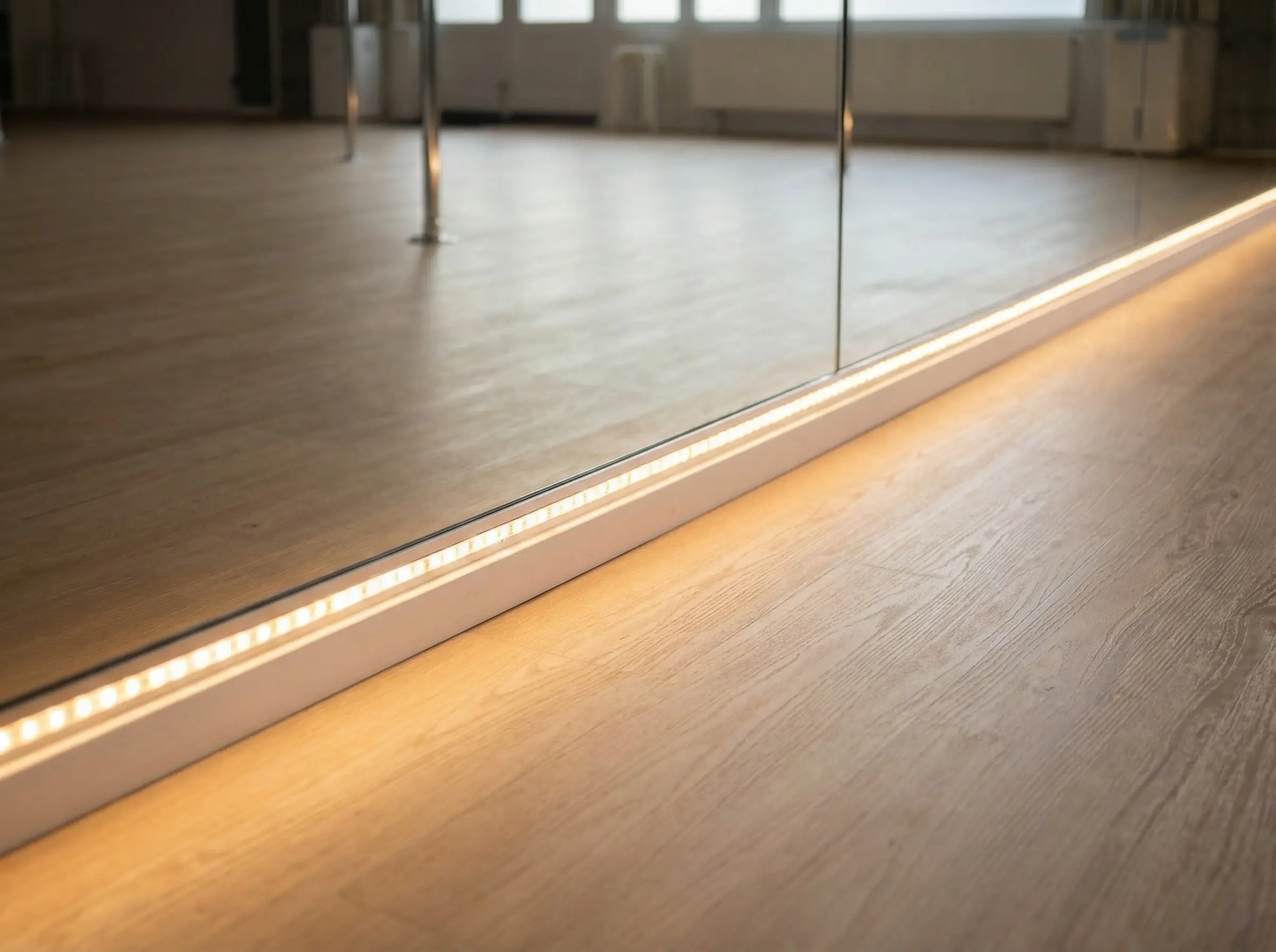 LED lights along the mirrors at Flow Factory